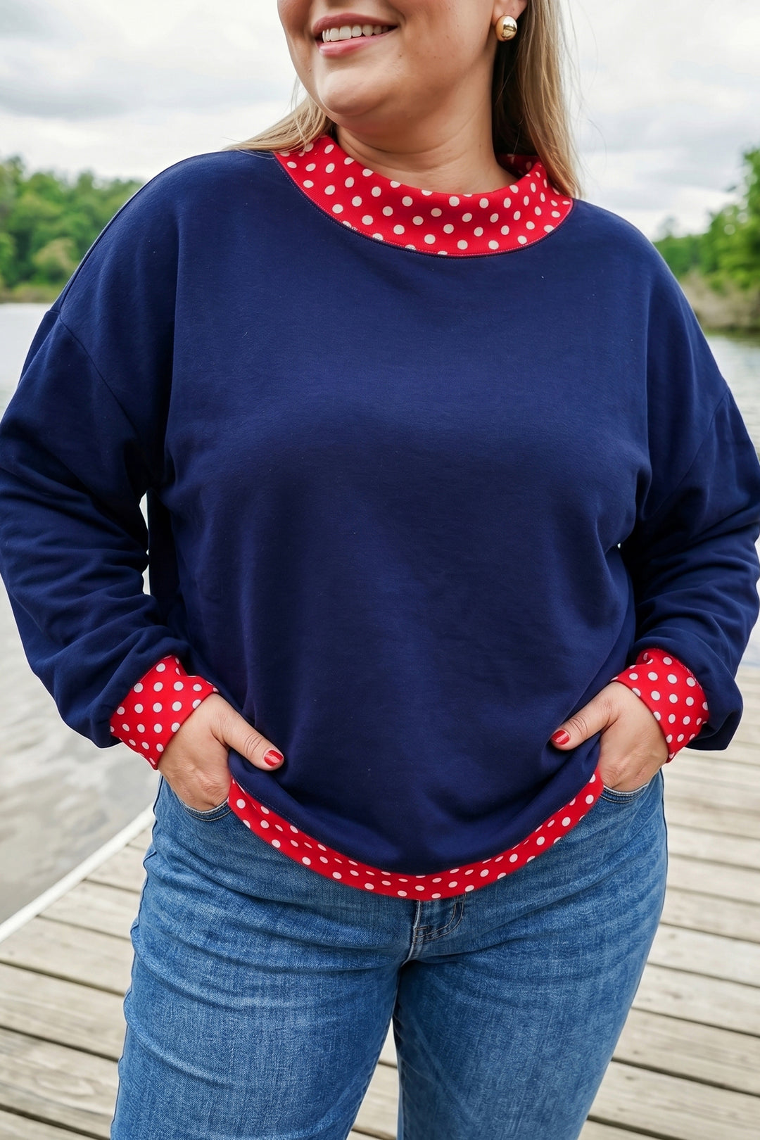 Orange Polka Dot Patchwork Round Neck Plus Size Sweatshirt