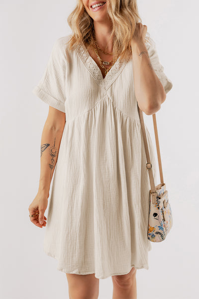 Beige Folded Short Sleeve Lace V Neck Mini Dress