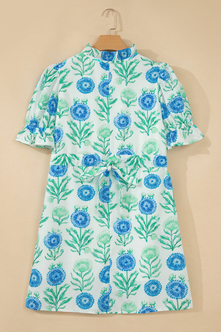 Sky Blue Floral Print Half Button Frilly Short Sleeve Dress