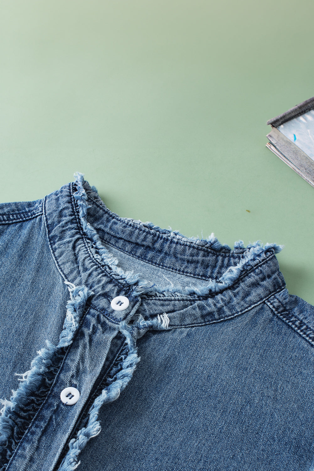 Ashleigh Blue Button Front Ruffled Flutter Frayed Denim Top