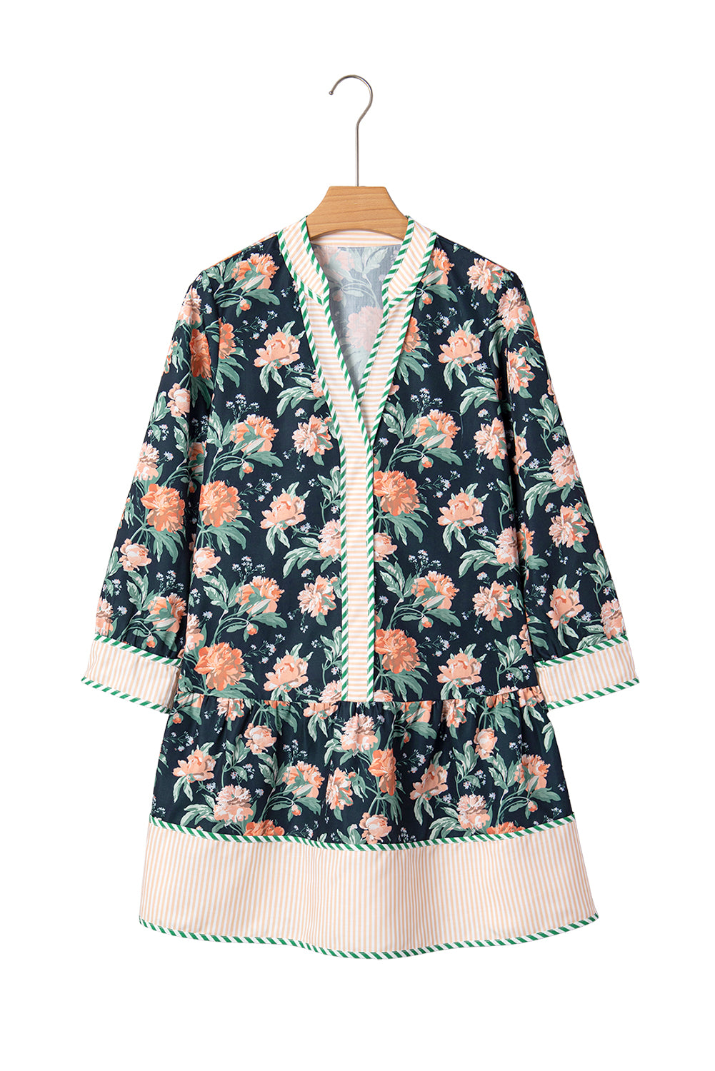 Blue Floral Print Striped Trim V Neck Long Sleeve Ruffle Hem Shift Mini Dress