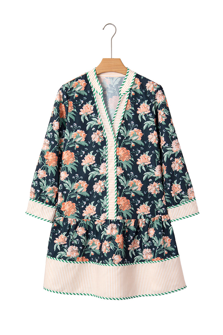 Blue Floral Print Striped Trim V Neck Long Sleeve Ruffle Hem Shift Mini Dress