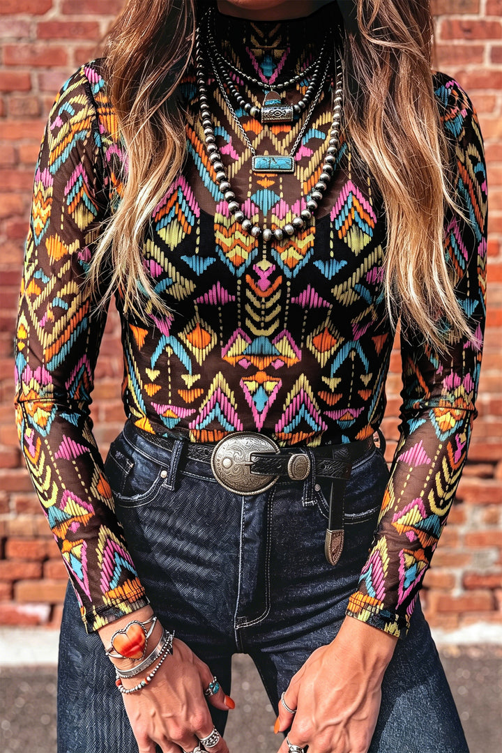 Color black Abstract Print Long Sleeve Stand Neck Mesh Top