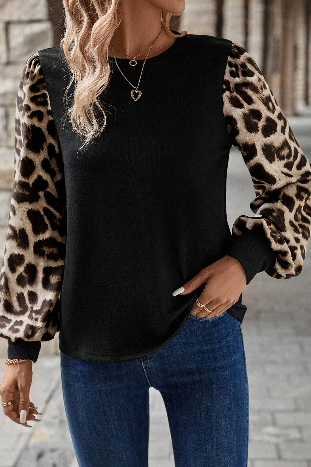 Khaki Leopard Puff Sleeve Patchwork Top