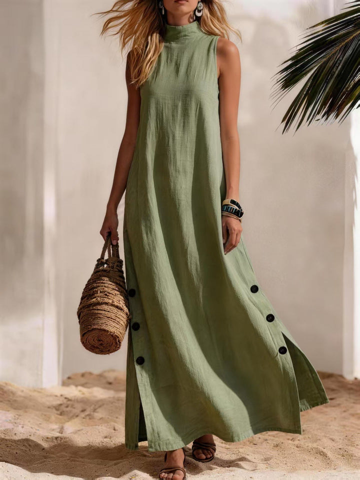 Cotton Linen Sleeveless Midi Dress – Side Slits &amp; Loose Fit
