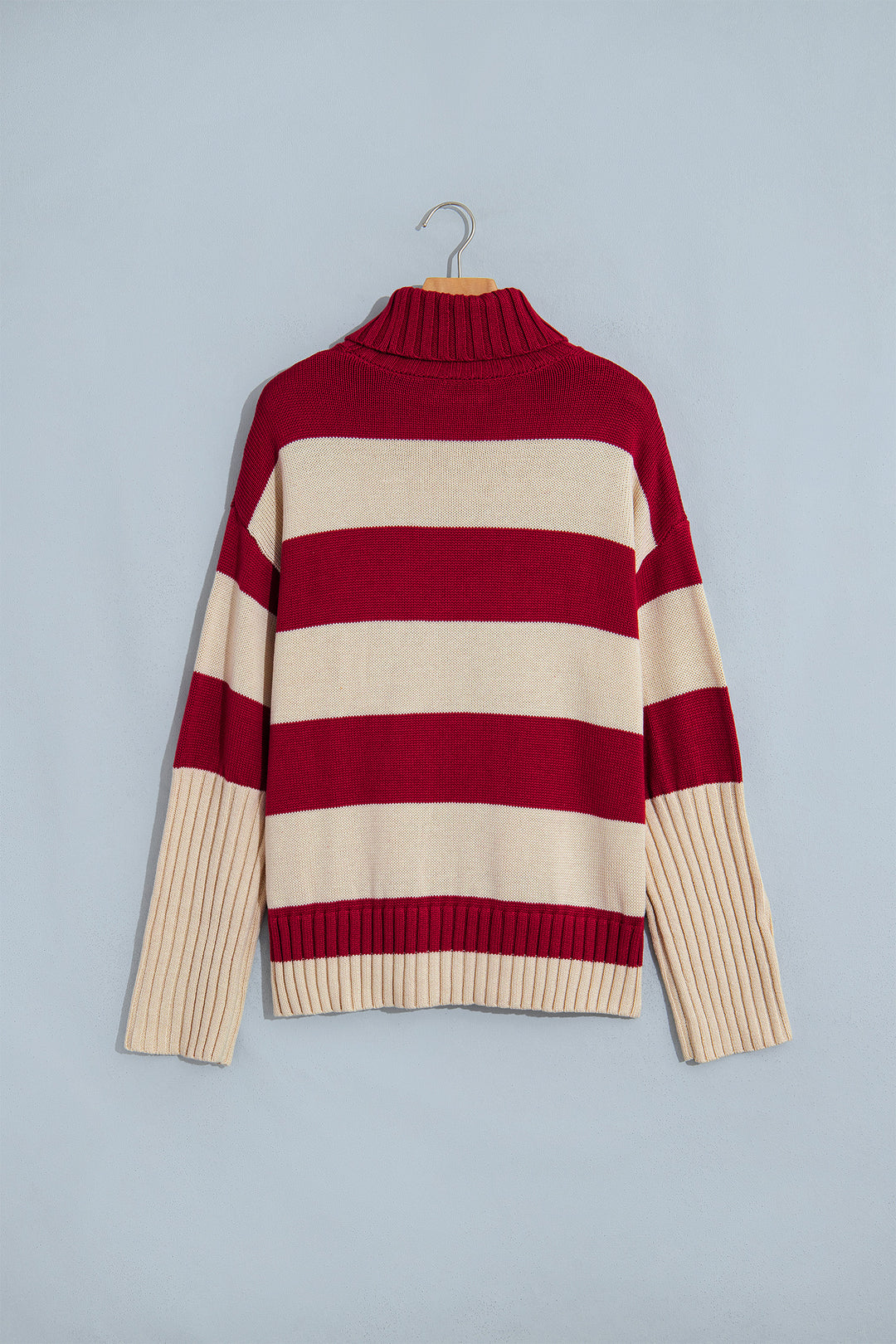 Red Stripe Ribbed Trim High Neck Relaxed Pullover Sweater