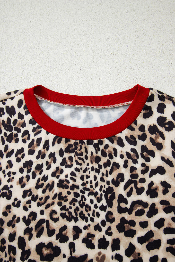 Brown Leopard Print Contrast Trim Round Neck Long Sleeve Top
