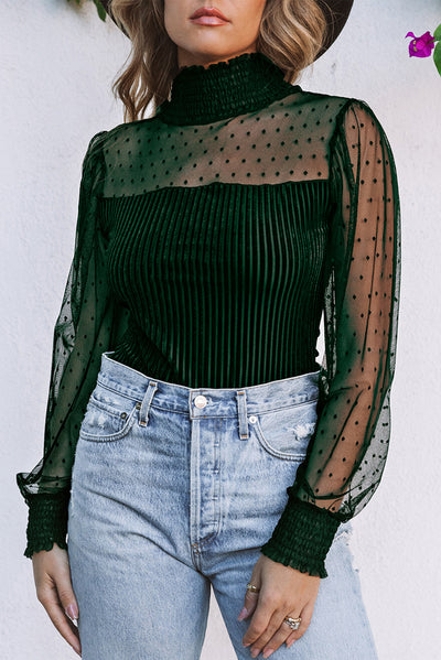 Green Sheer Dotty Long Sleeve Ribbed Velvet Bodysuit