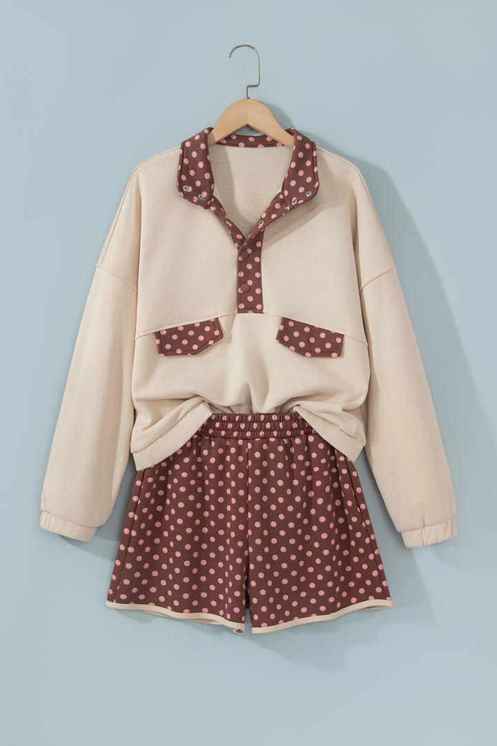 Brown Polka Dot Contrast Baggy Pullover and Elastic Waist Shorts 2pcs Set