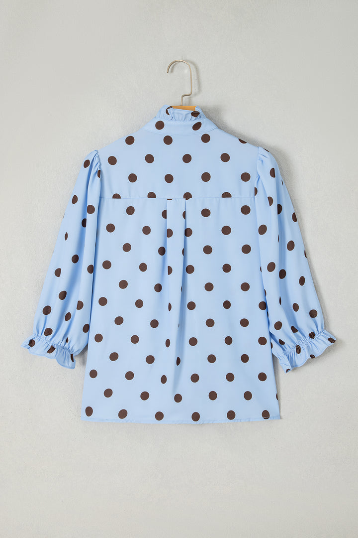 Black white Polka Dot Striped Print Ruffle Stand Neck 3/4 Sleeve Shift Shirt
