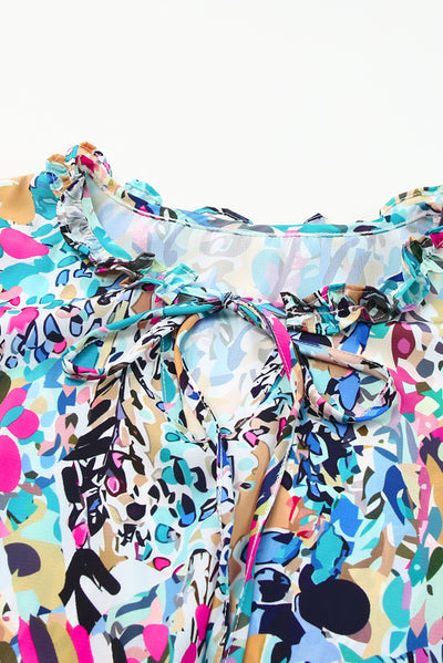 Multicolor Abstract Print Tie V Neck Peplum Blouse