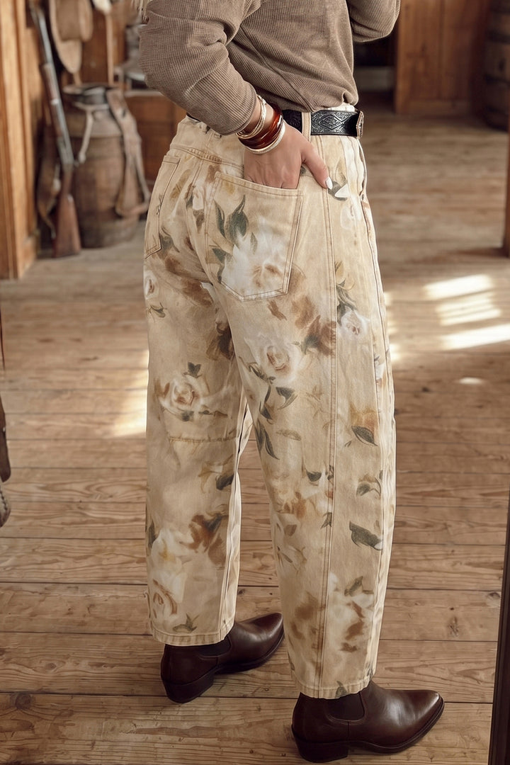 Khaki Retro Floral Print Relaxed Barrel Jeans