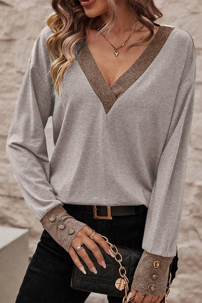 Khaki Contrast V Neck Button Cuffed Long Sleeve Top