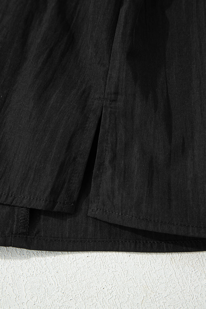 Black Contrast Trim Dual Ruffle Short Sleeve Textured Blouse