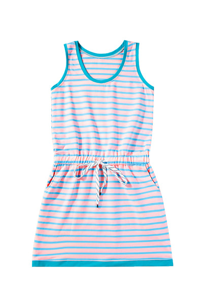 Pink Stripe Contrast Trim Pocketed Casual Tank Dress