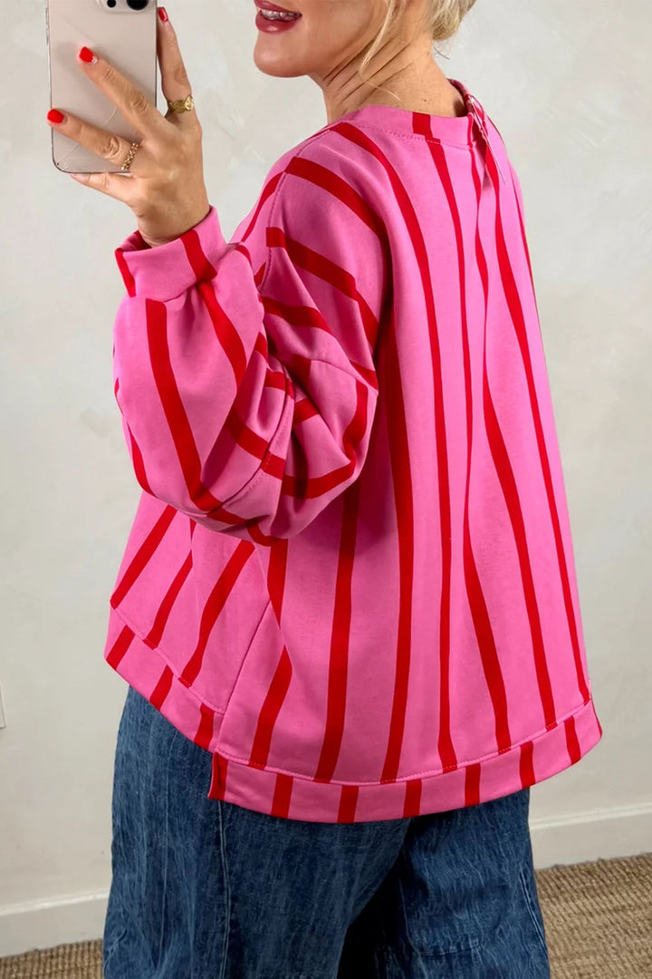 Pink Stripe Dropped Shoulder Round Neck Casual Sweatshirt