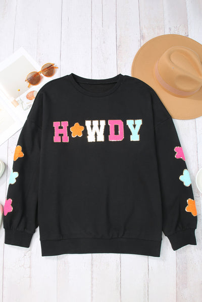 Black Howdy Glitter Chenille Patch Graphic Casual Sweatshirt