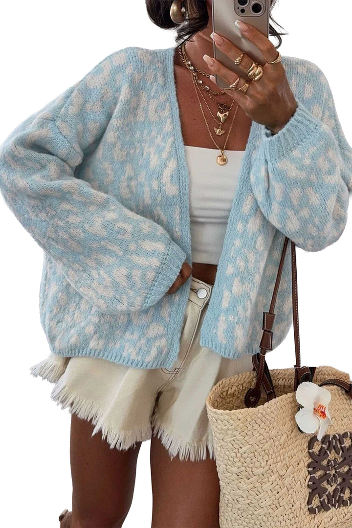Light Blue Leopard Print V Neck Long Sleeve Loose Fit Knit Cardigan