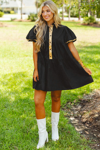 Black Sequin Trim Bubble Sleeve Game Day Shirt Dress