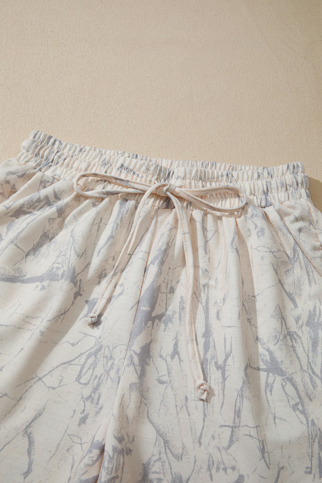 Khaki Abstract Print V Neck Loose Tee Drawstring Shorts 2pcs Outfit