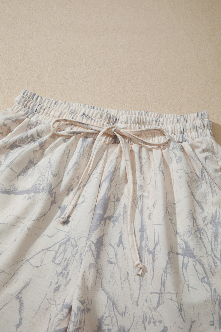 Khaki Abstract Print V Neck Loose Tee Drawstring Shorts 2pcs Outfit