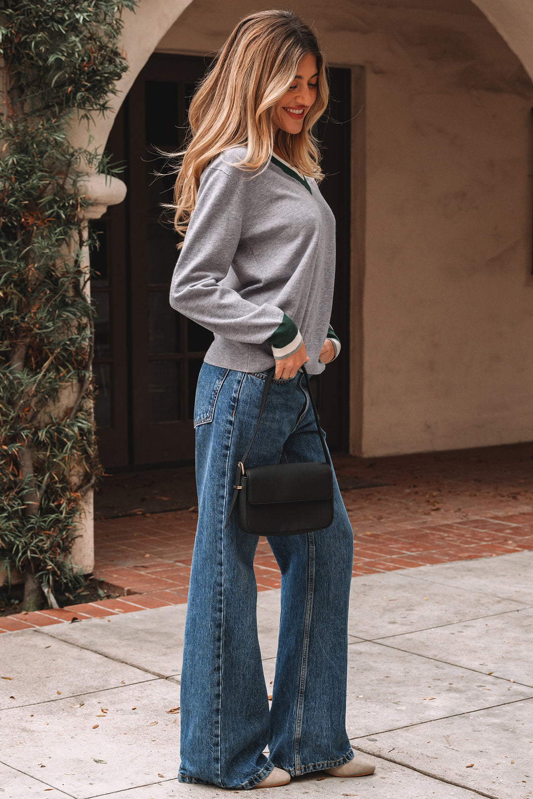 Gray Contrast Striped Trim V Neck Varsity Sweater