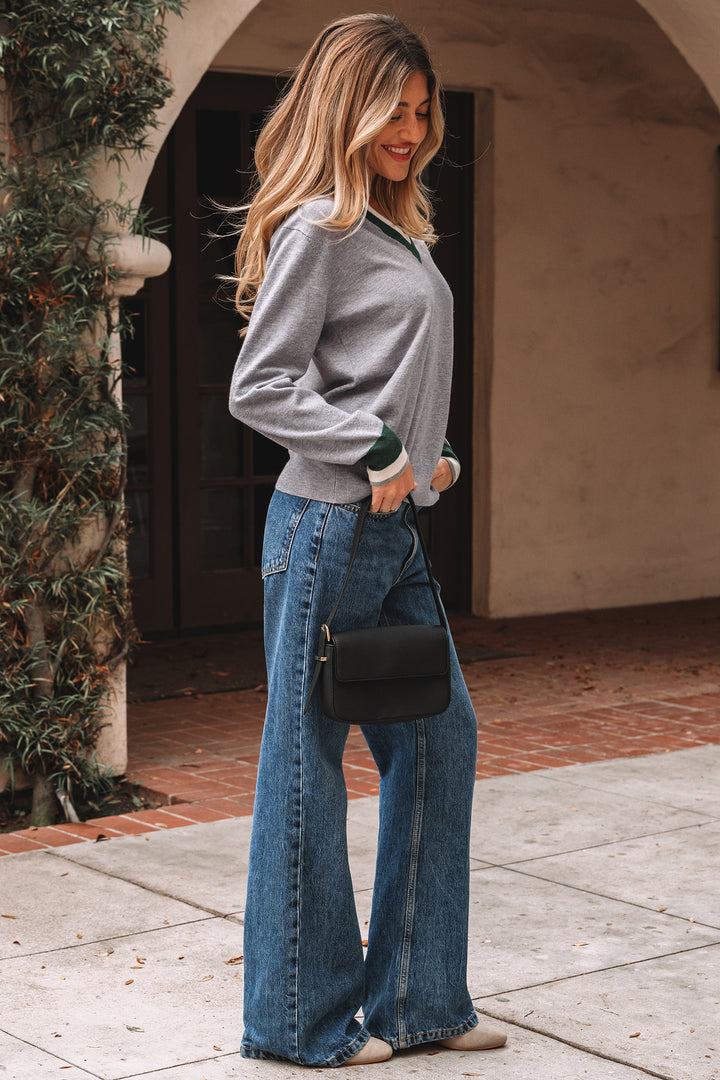 Gray Contrast Striped Trim V Neck Varsity Sweater
