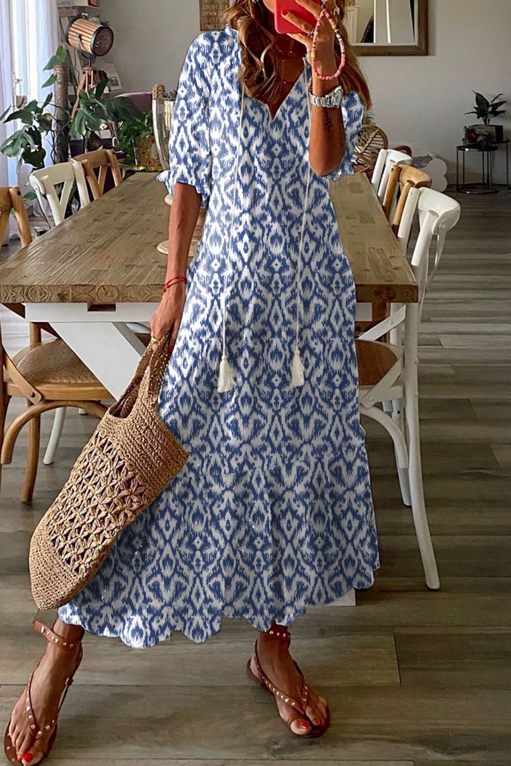 Sky Blue V Neck Casual Geometric Print Maxi Dress