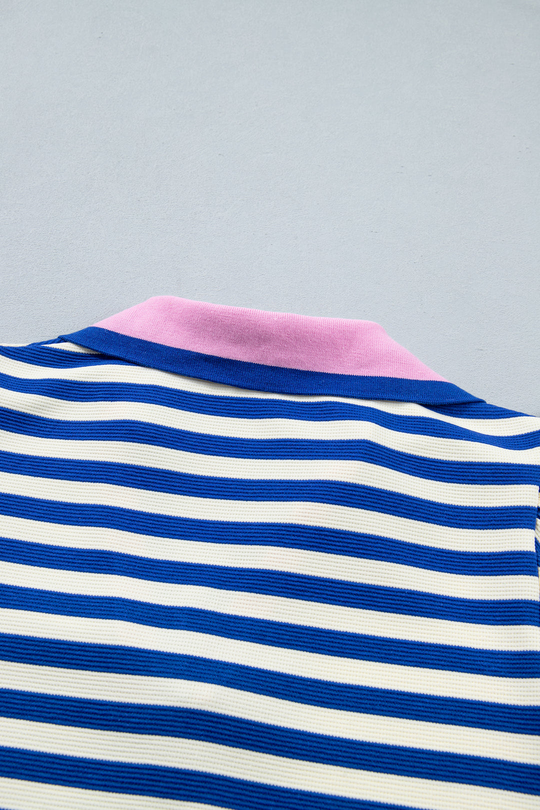 Rose Stripe Contrast Trim Polo Collar Ruffled Short Sleeve Blouse