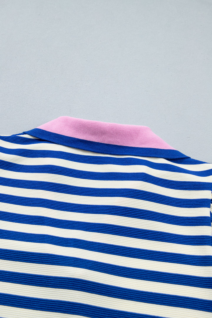 Rose Stripe Contrast Trim Polo Collar Ruffled Short Sleeve Blouse