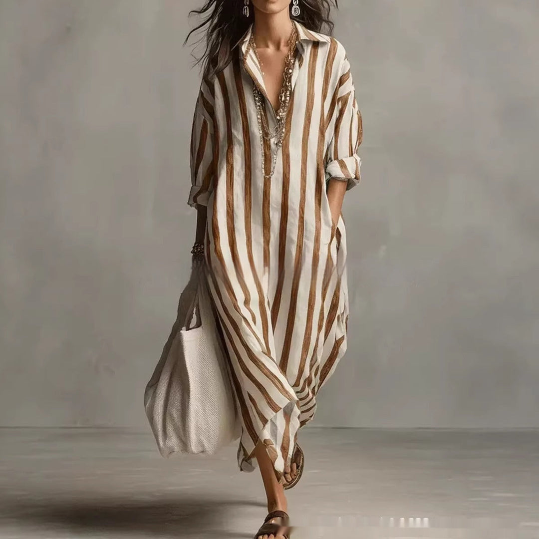 Striped Lapel Collar Dress – Side Slits &amp; Pockets