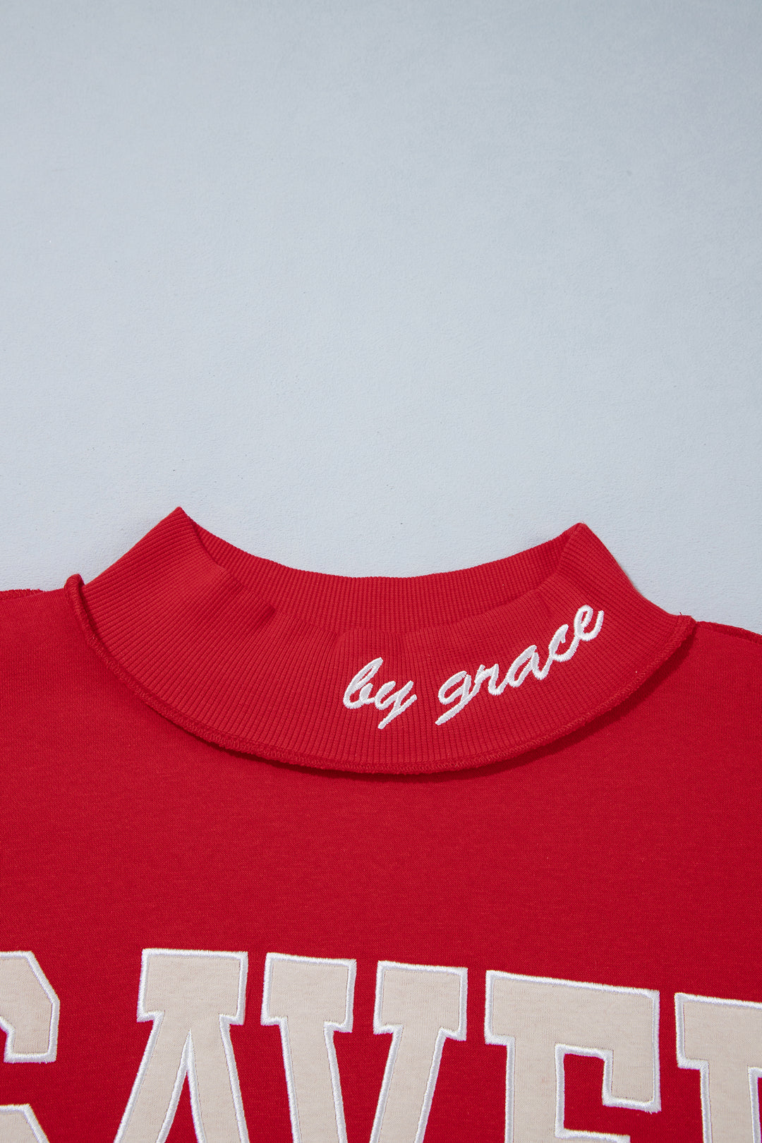 Gray Saved By Grace Embroidered Detail Letter Graphic High Neck Sweatshirt