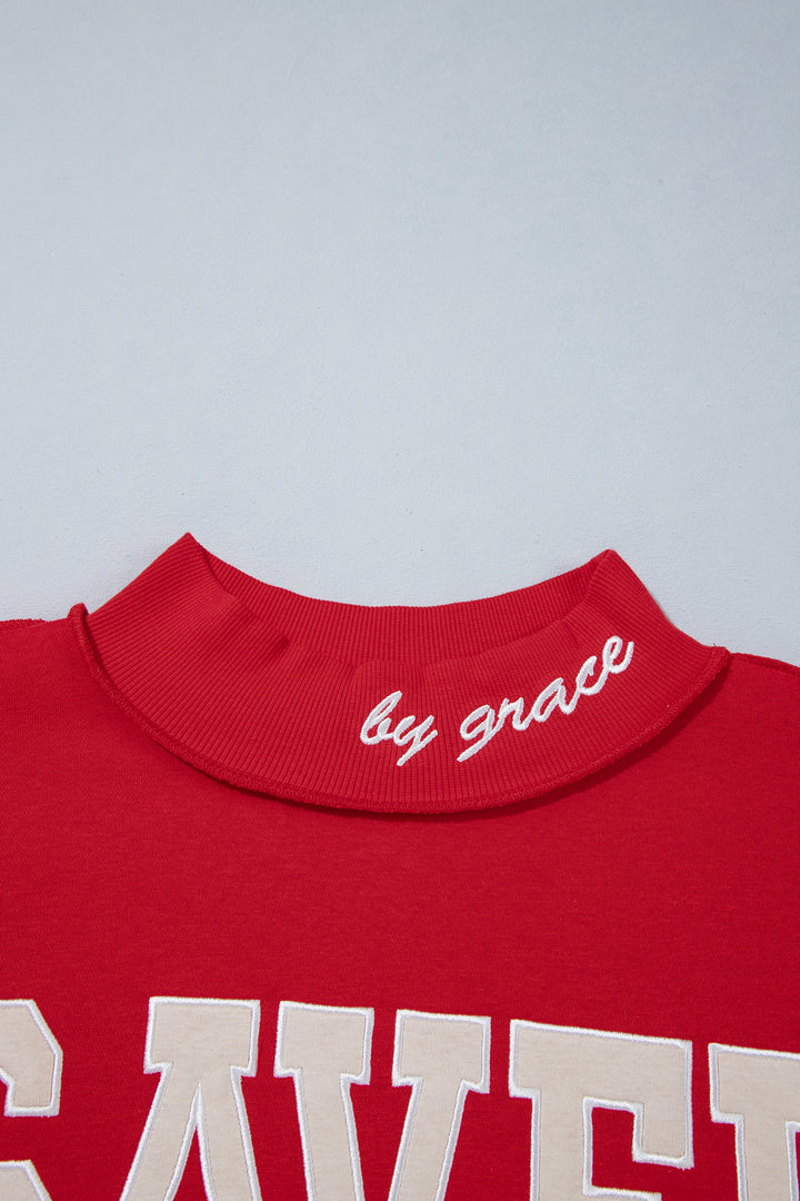 Gray Saved By Grace Embroidered Detail Letter Graphic High Neck Sweatshirt