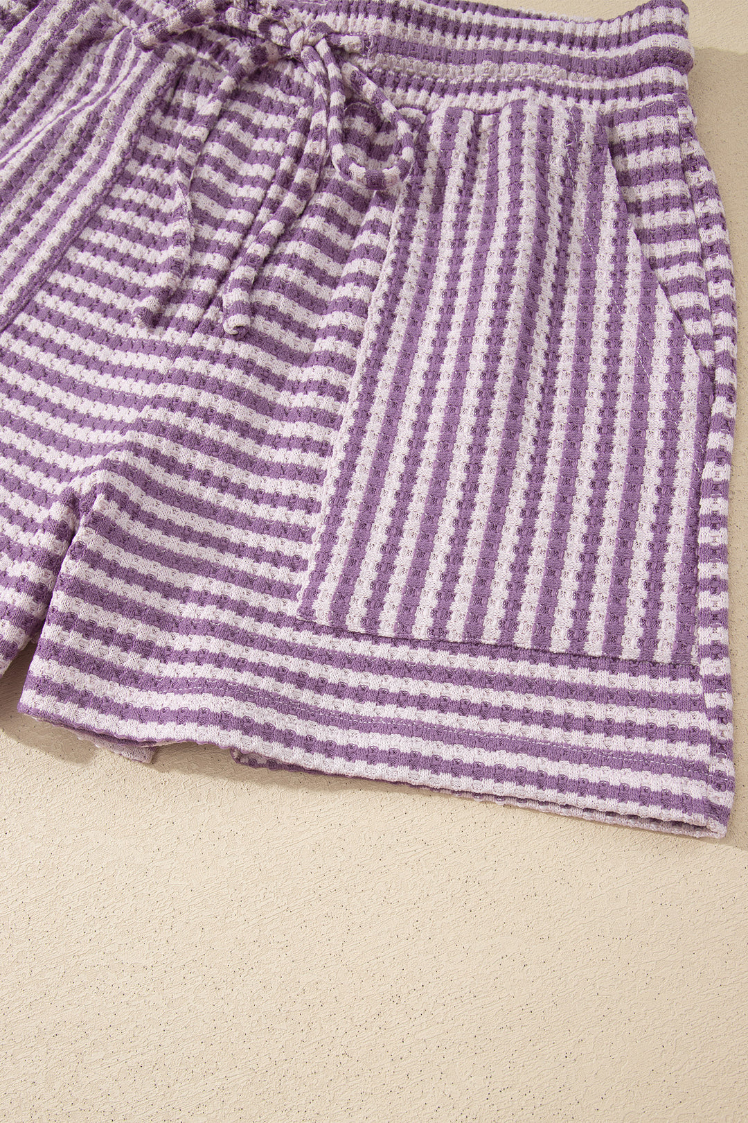 Brown Stripe Breathable Textured Knit Short 2pcs Set