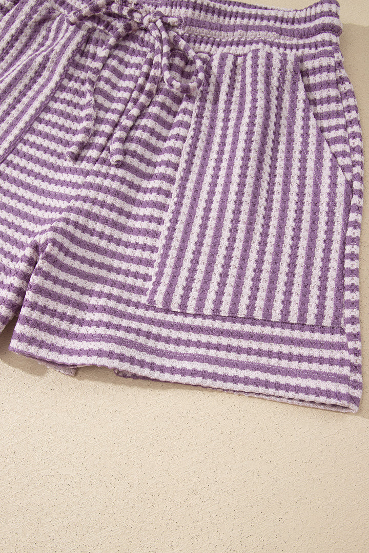 Brown Stripe Breathable Textured Knit Short 2pcs Set