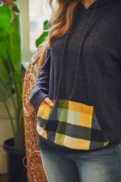 Hacci Brushed Plaid Kangaroo Pocket Hoodie