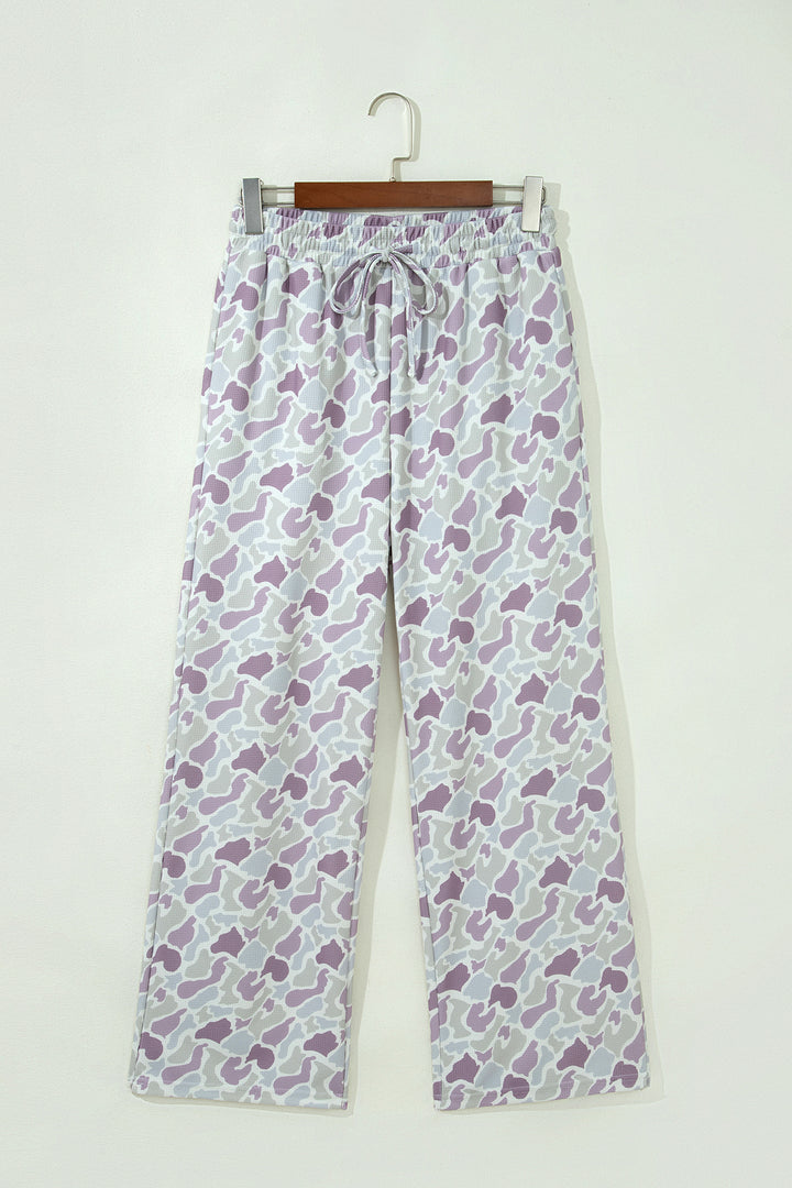 Green Camo Print Drawstring Waist Loose Fit Full Length Pants