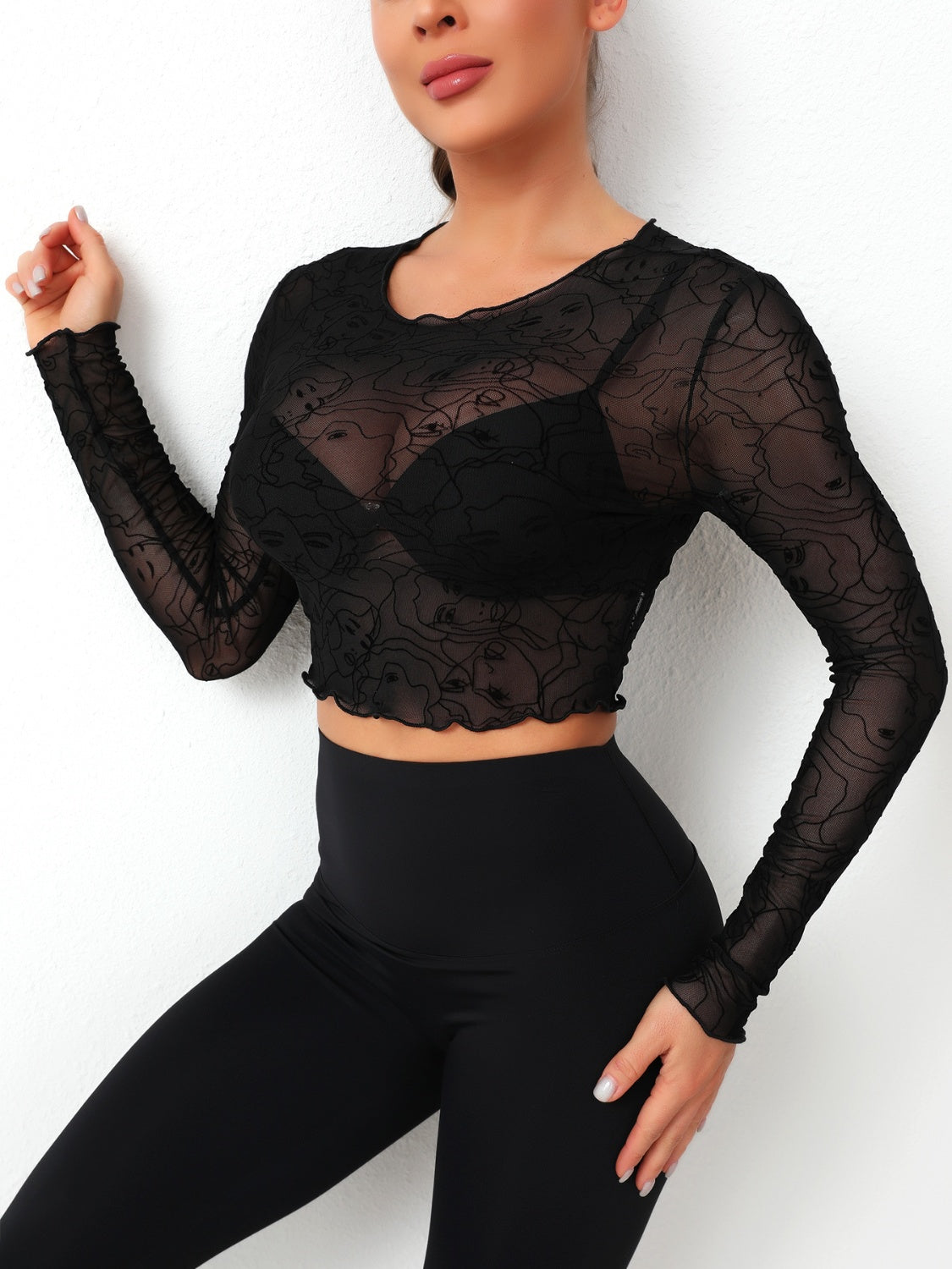 Round Neck Long Sleeve Sheer Top