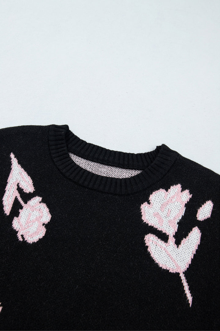 Black Floral Pattern Puff Sleeve Dropped Shoulder Pullover Sweater