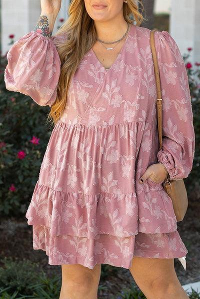 Peach Blossom Floral Surplice V Neck Tiered Ruffled Plus Size Dress