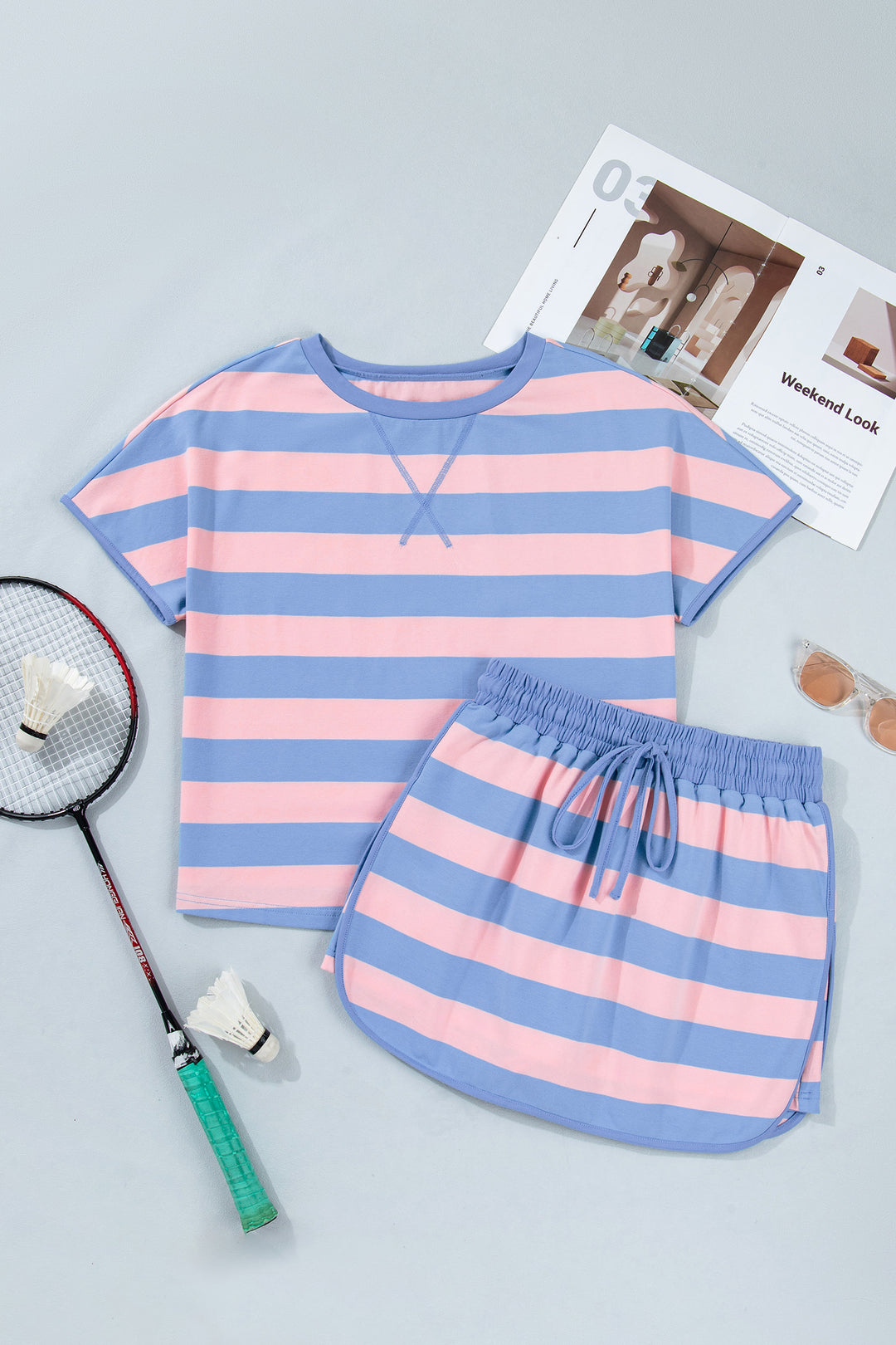 Yellow Stripe Dolman Tee Drawstring Skort Athletic 2pcs Set