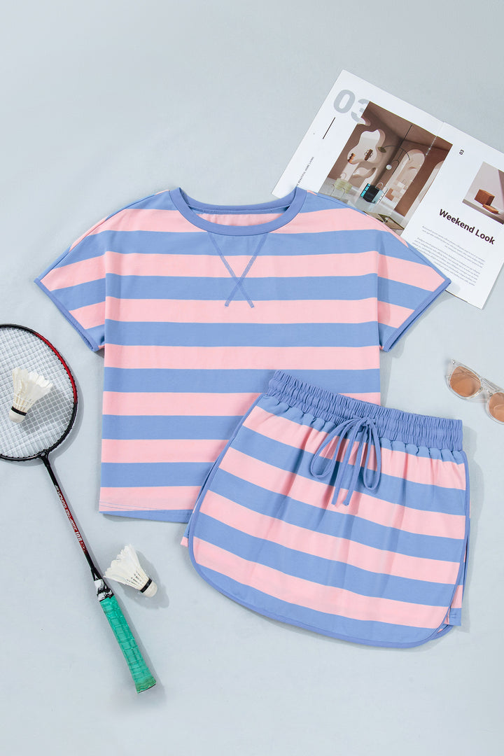 Yellow Stripe Dolman Tee Drawstring Skort Athletic 2pcs Set