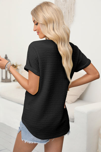 Black Textured Wide Sleeve V Neck T Shirt