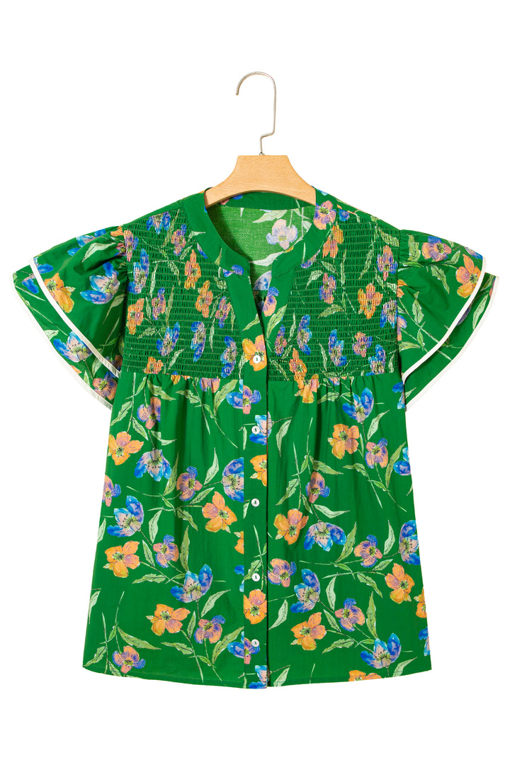 Green Plus Size Ruffled Short Sleeve Floral Top