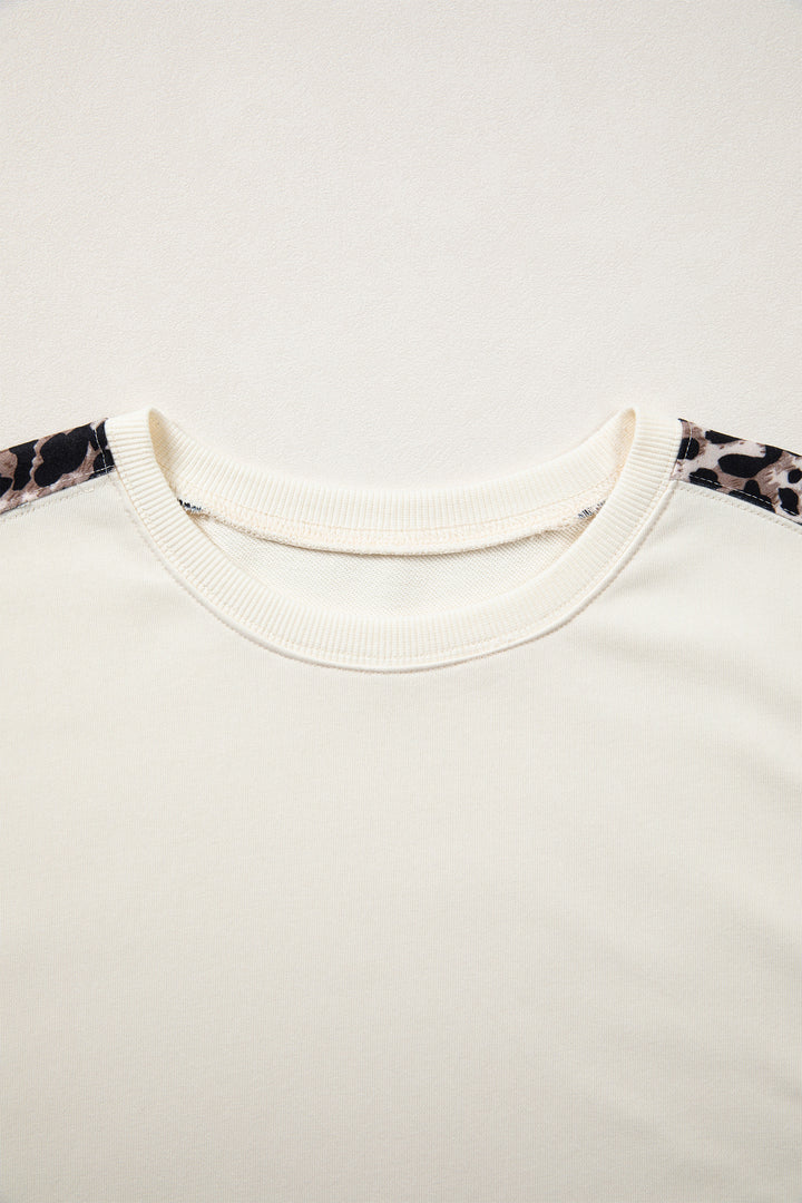 Beige Leopard Block Patchwork Uneven Hem Short Sleeve Top