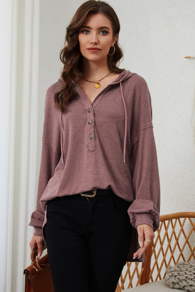 Buttoned High and Low Hem Hoodie