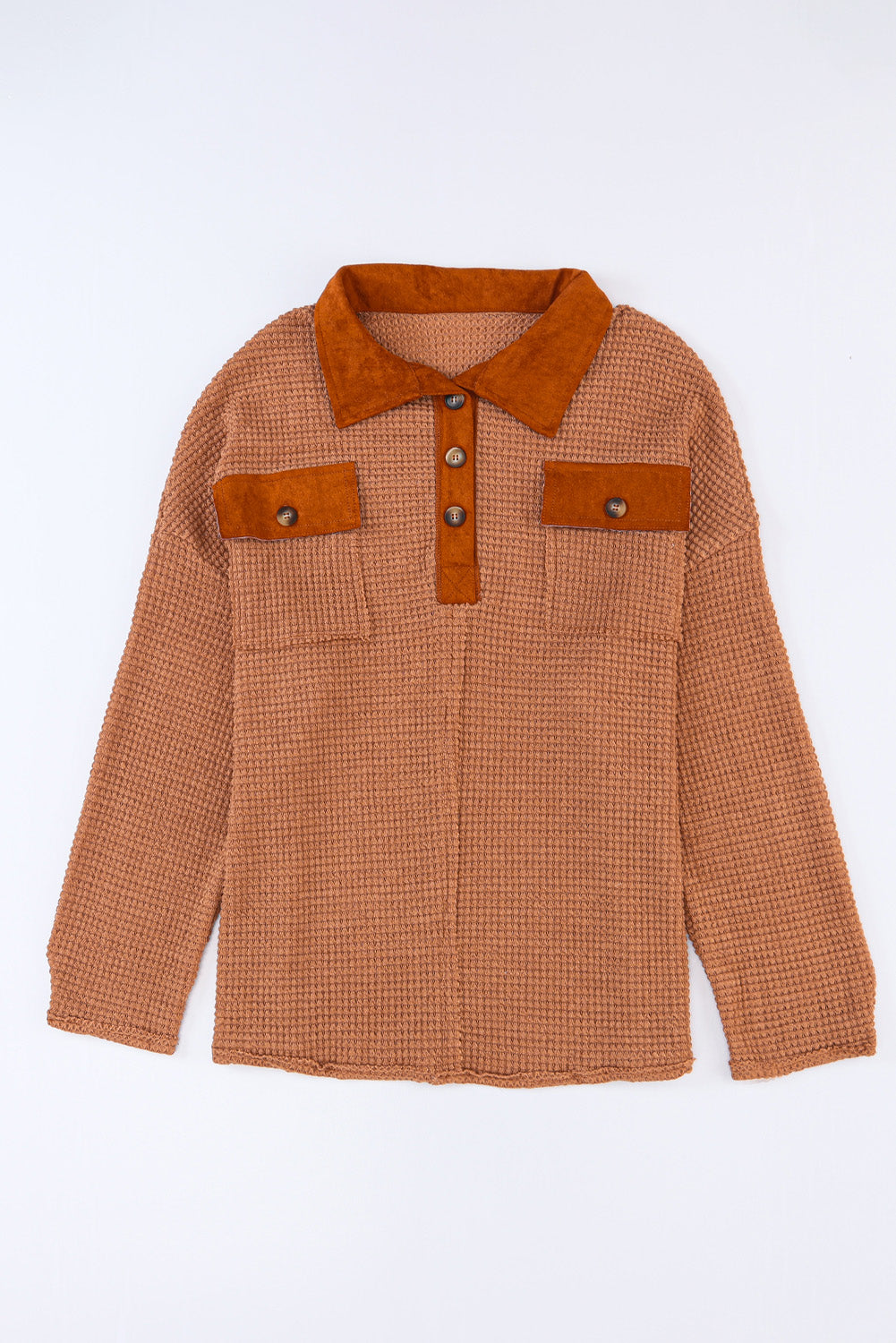 Brown Waffle Knit Button Contrast Trim Long Sleeve Top