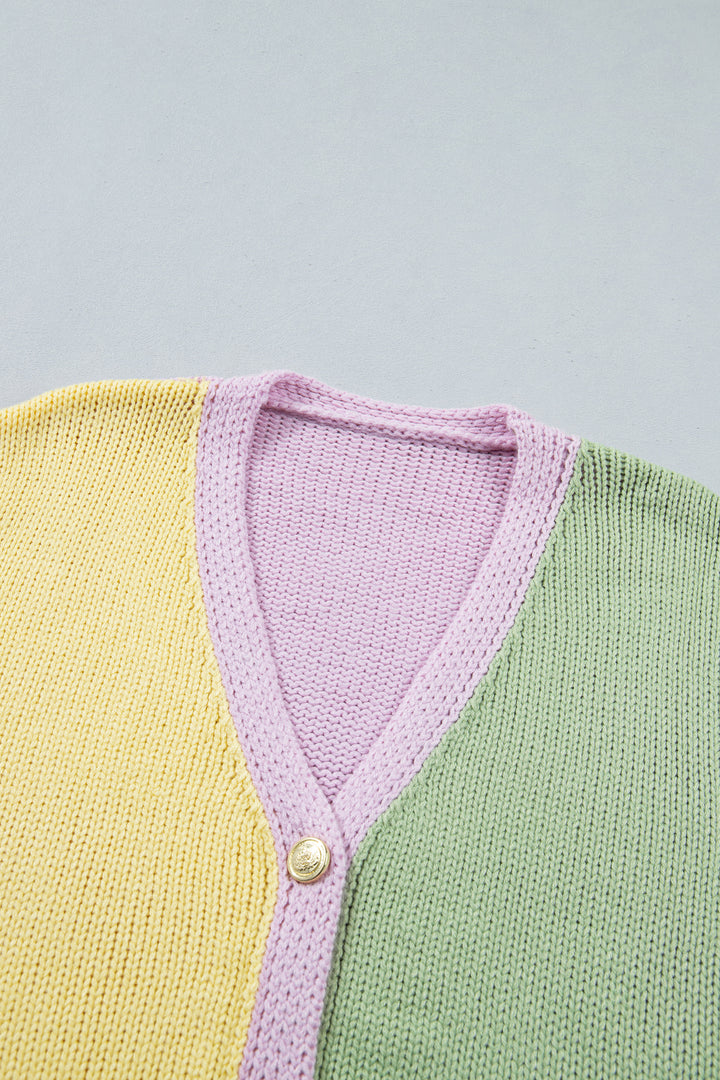 Yellow V Neck Drop Shoulder Patchwork Regular Wash Knitwear Cardigan