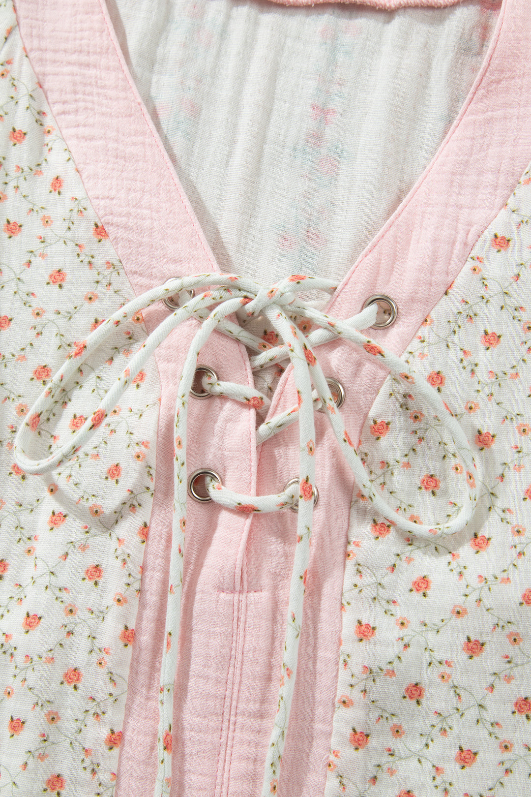 Beige Floral Print Color Block Trim Lace-up V Neck Long Sleeve Blouse