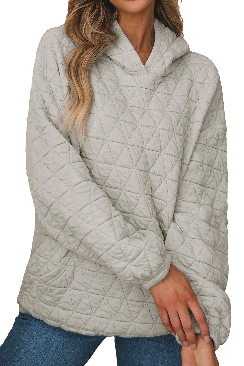 Light Grey Solid Color Quilted Kangaroo Pocket Hoodie